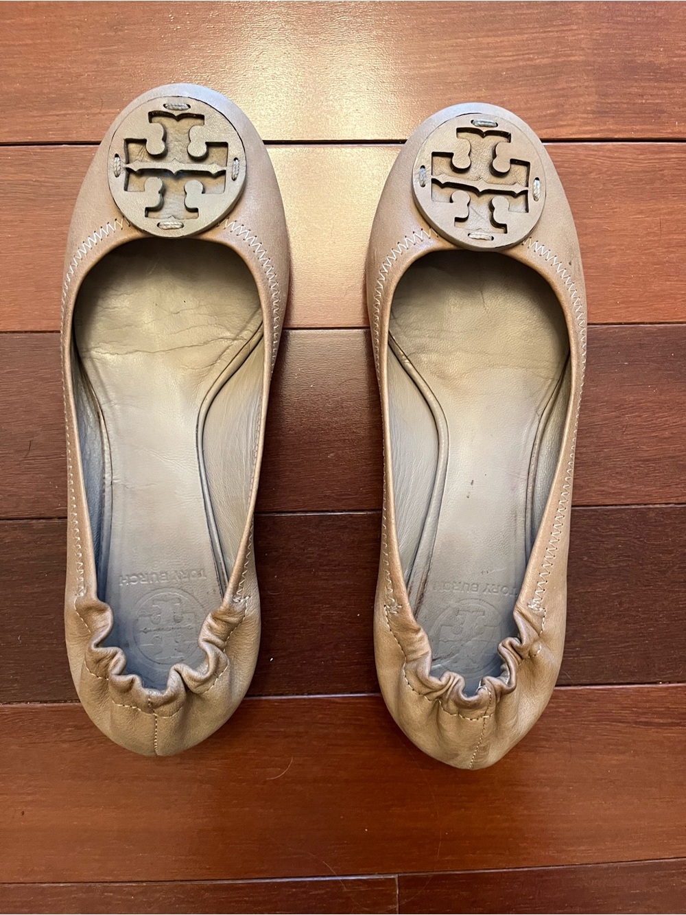Tory Burch Tan Leather Logo Medallion Ballet Flats